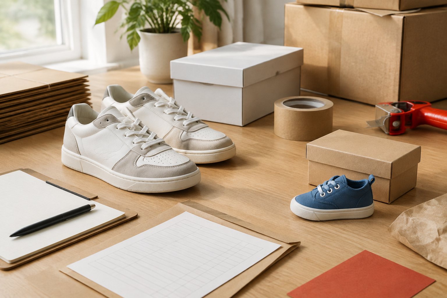 Small-size chunky sneakers in bright colorways on a warehouse rack