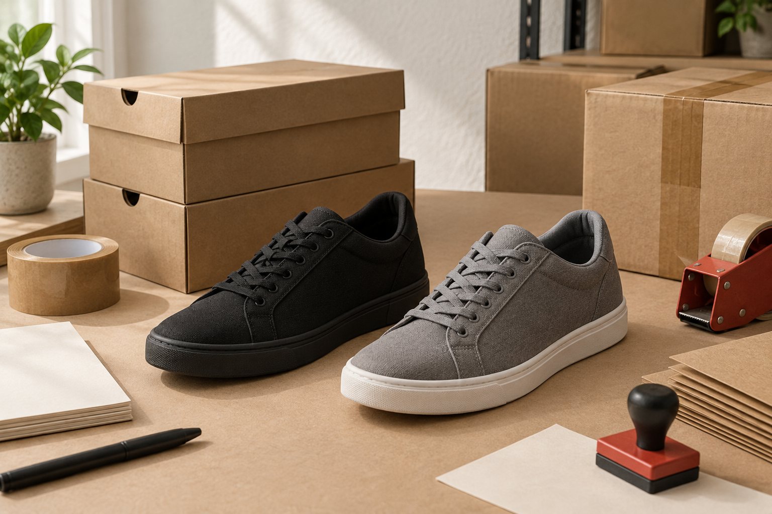 Rows of men's casual sneakers in core colors on warehouse shelving
