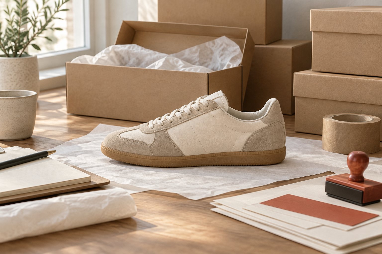Slim low-profile sneakers with suede and mesh panels on a display shelf