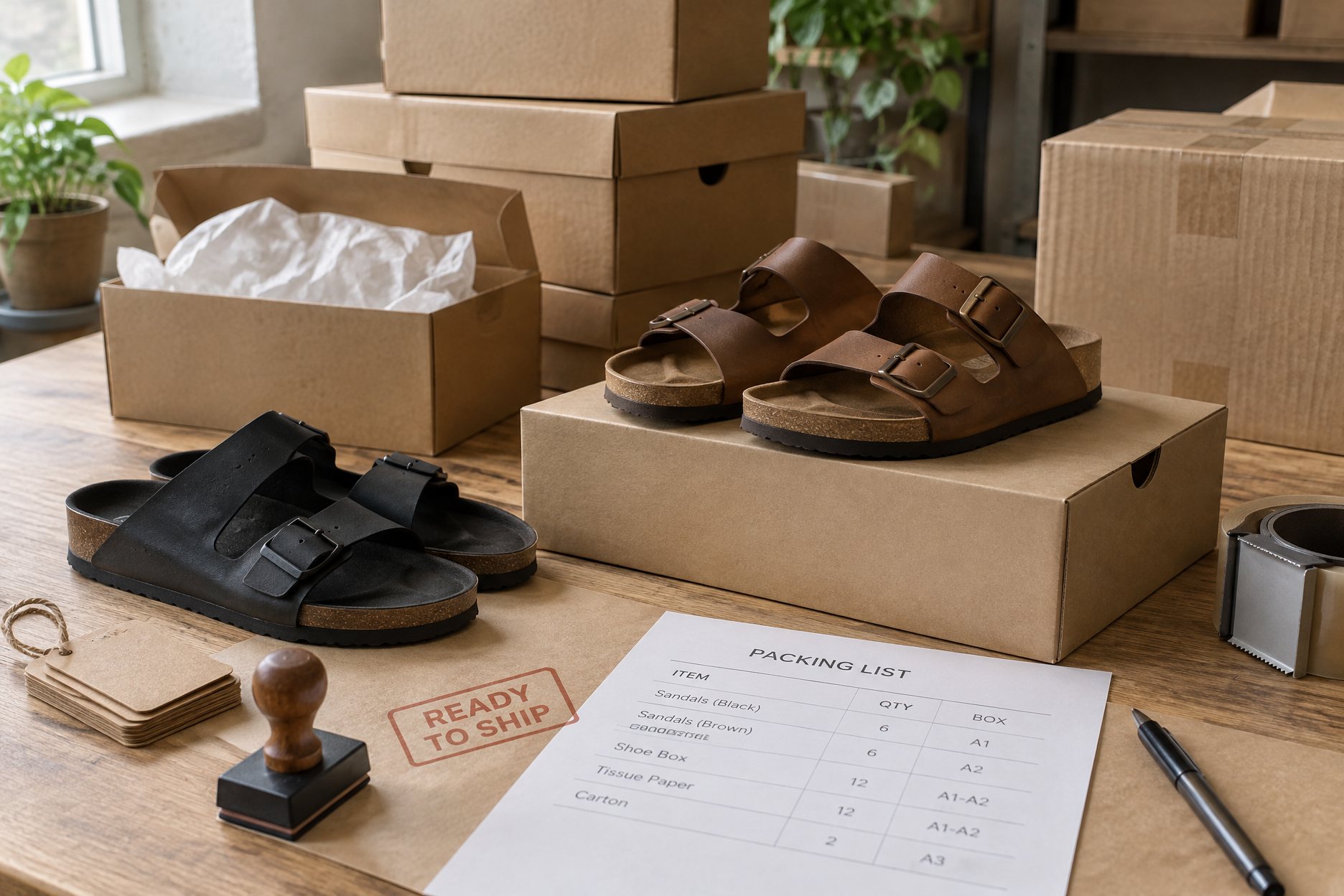 Casual sandals and slides racked in the partner's warehouse