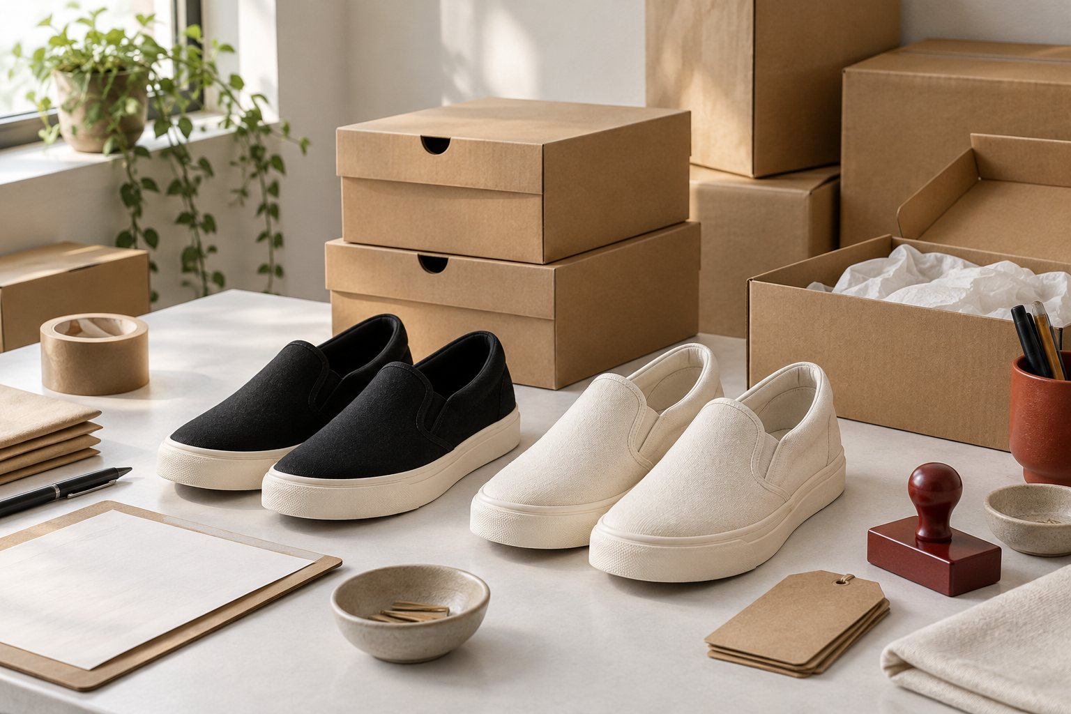Laceless slip-on sneakers arranged on warehouse shelving