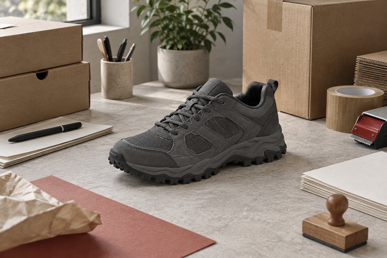 Trail-style sneakers with rugged outsoles lined up on a warehouse shelf