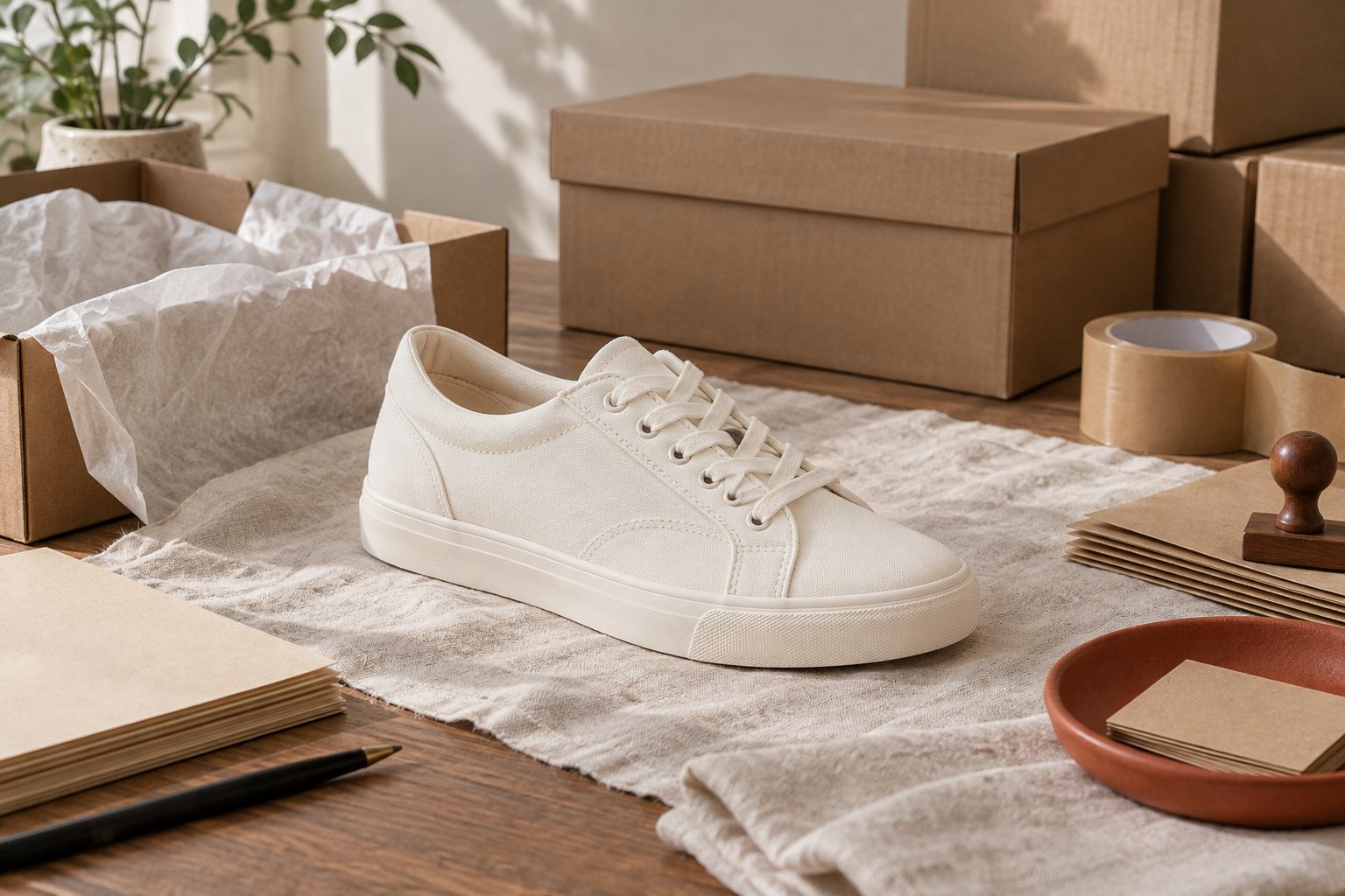 Lighter casual sneakers lined up on shelving in the partner's warehouse