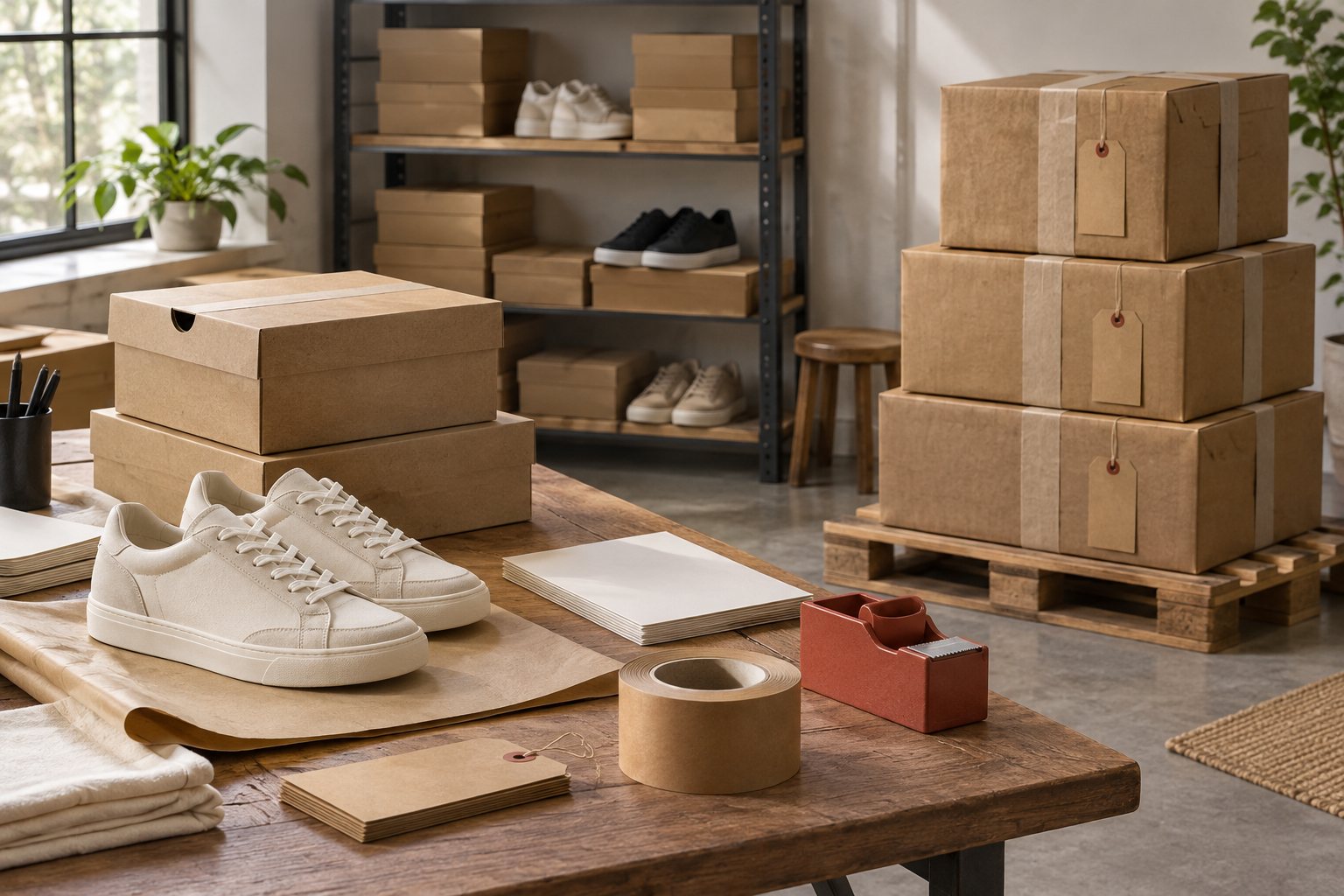 Open shoe cartons with pairs checked against a packing list in the partner's warehouse
