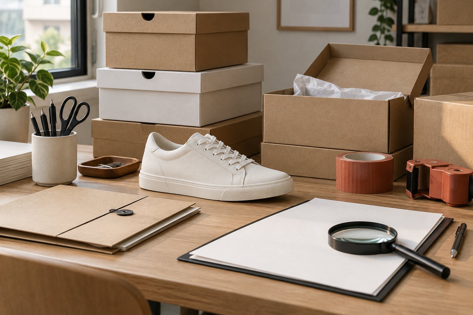 Plain sneaker beside blank document folders and a magnifier on a desk