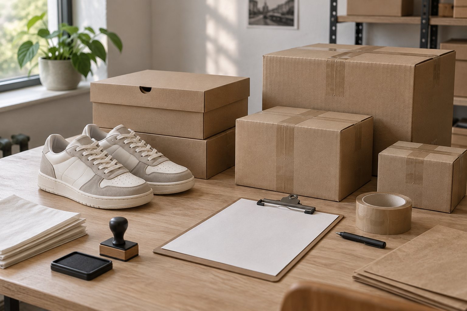 Cartons closed with packing tape and a clipboard resting on top