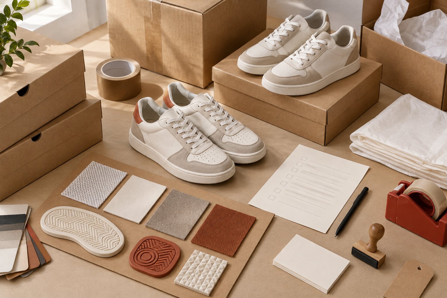 Upper material swatches laid out on a workbench