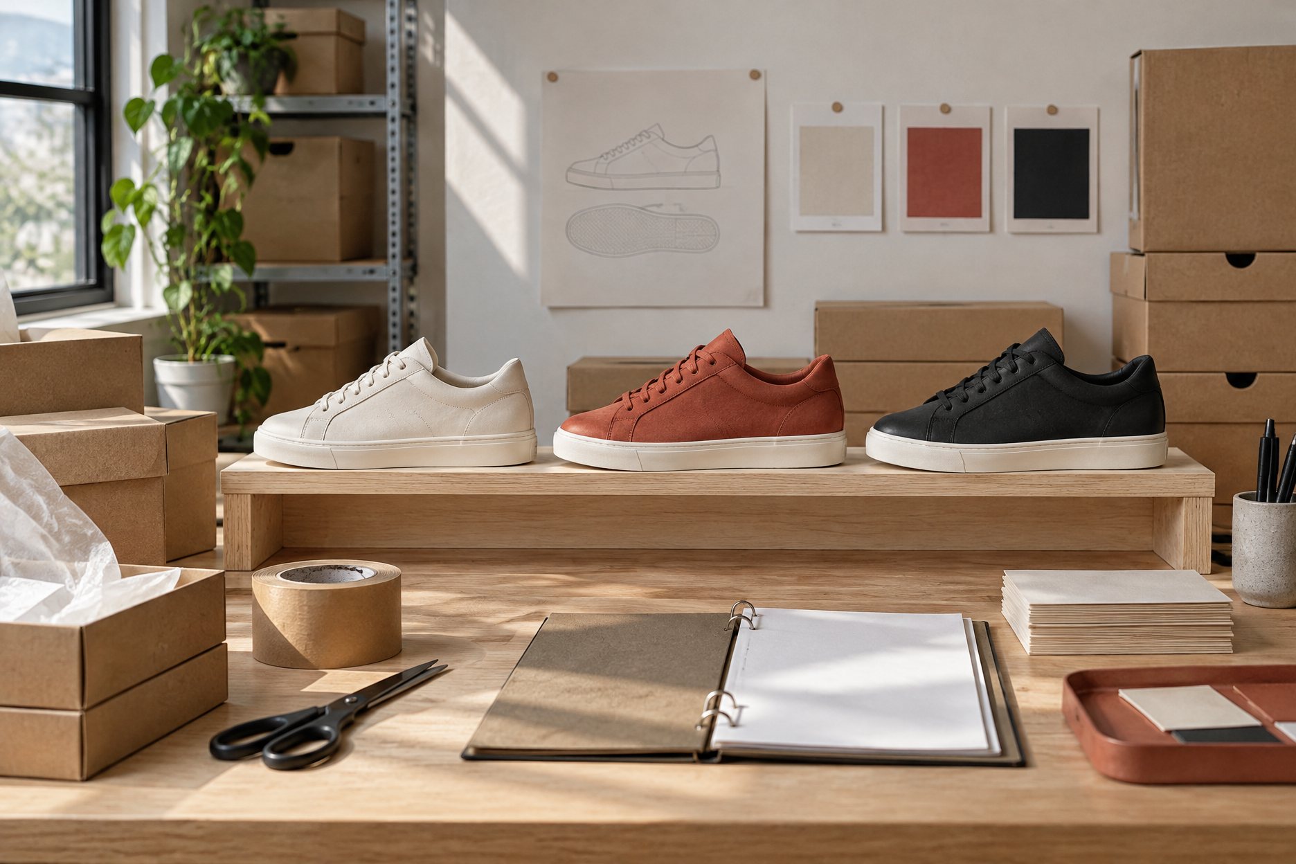 Sample sneakers and material swatches laid out on a development table at the partner facility