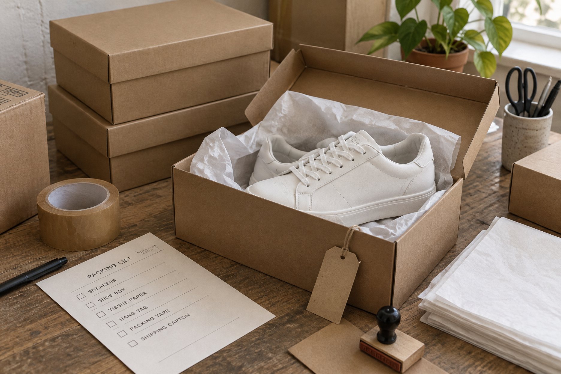 Shoe boxes and label samples arranged on a table at the partner facility