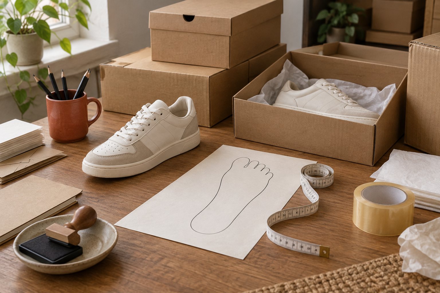 Size labels and a measuring tape on a packing table