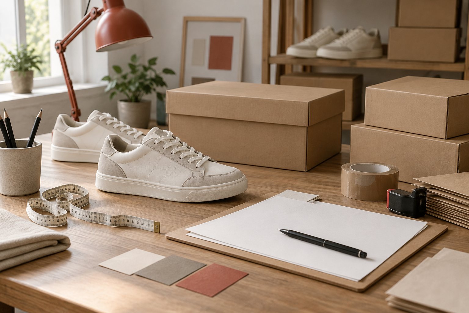 Desk with blank spec sheets, a plain sneaker and a measuring tape