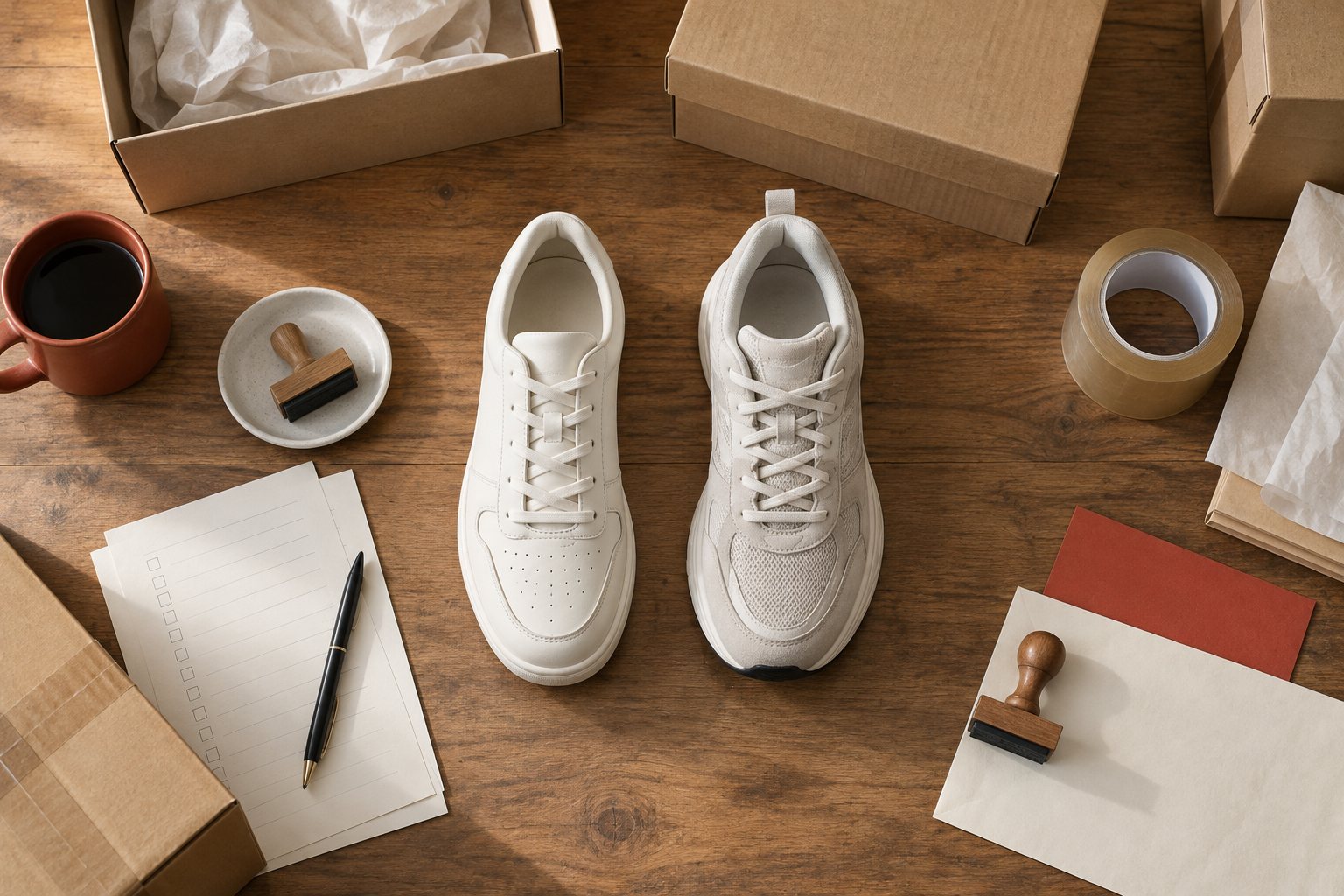 Two sneakers side by side on a workbench for comparison