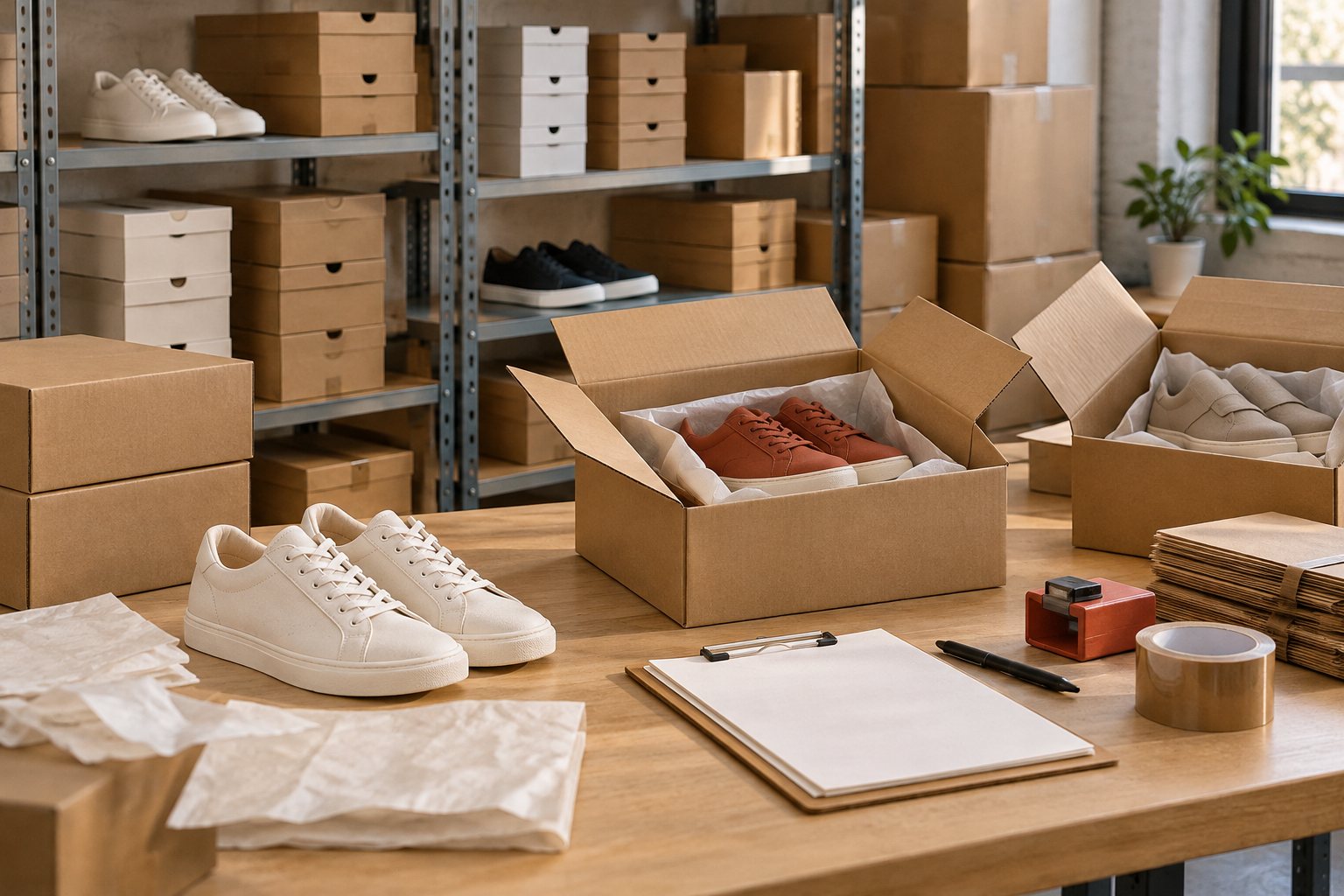 Stacked shoe cartons in the partner's spot warehouse ready for picking